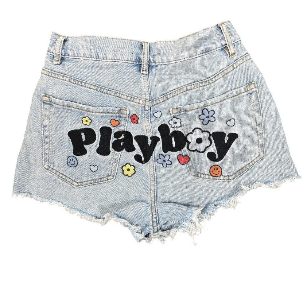 Playboy PacSun Denim Shorts Womens 26‎ Light Blue Distressed Graphic High Rise